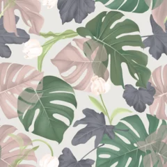 Gordijnen Floral seamless pattern, white tulips and Split-leaf Philodendron on brown © momosama