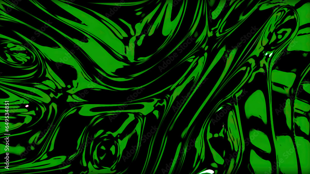 Poster green and red spreading liquid. design. bright abstraction with blots and reflections that sparkle i