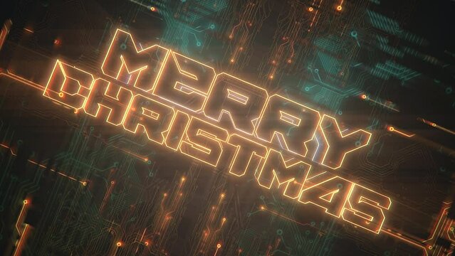 Merry Christmas on motherboard with neon light, motion abstract futuristic, cyberpunk and winter holidays style background