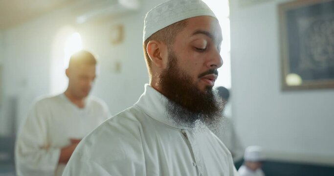 Islam, men and praying together in mosque for religion, spirituality or Ramadan in holy temple. Muslim people and leader with belief or culture, Eid Mubarak and hands raised to start praise to Allah