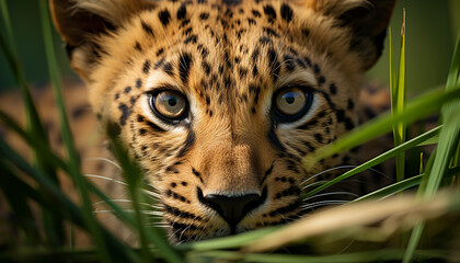 Cheetah hiding in grass, staring, wildcat in African wilderness generated by AI