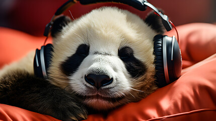 The panda bear wearing headphones listening to music and sleep on bed