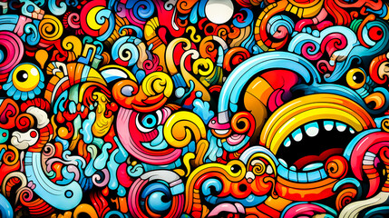 Cartoon doodles of Vibrant colors of free-form graffiti lines
