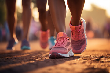 Group of women wearing pink running shoes participating in marathon