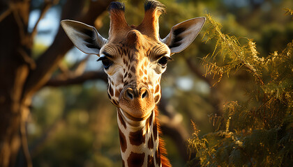 Giraffe grazing in the African savannah, standing tall and majestic generated by AI