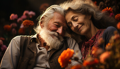 Smiling senior couple embracing, enjoying autumn nature together generated by AI