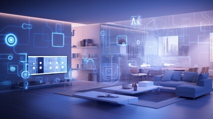A modern living room with smart home devices like voice-controlled assistants, smart lighting, and connected appliances, demonstrating the convenience of IoT technology.