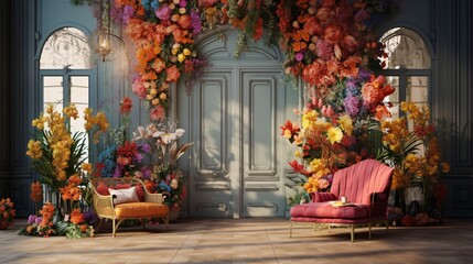 Fototapeta na wymiar a harmonious blend of annual flowers in art and design, where their colors and forms are integrated seamlessly into interior decor