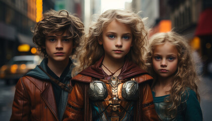 A group of confident, smiling children standing outdoors at night generated by AI