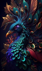 Close up peacock bird with beautiful tail for background Created with Generative AI technology.