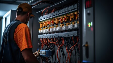 Electrician engineer with plan to check electrical supply in front of control fuse switchboard
