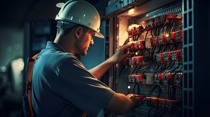 Electrician engineer with plan to check electrical supply in front of control fuse switchboard - obrazy, fototapety, plakaty