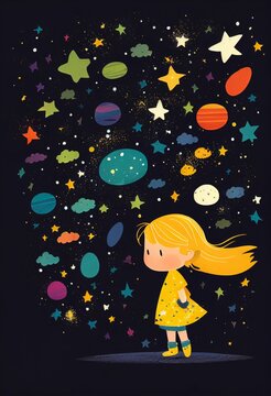Cover book of kid standing on universe with cute little stars Created with Generative AI technology.