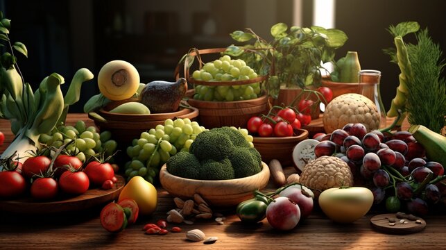 an image featuring an exquisite assortment of vegetarian foods, perfect for adding a touch of culinary artistry to creative projects and interior decor