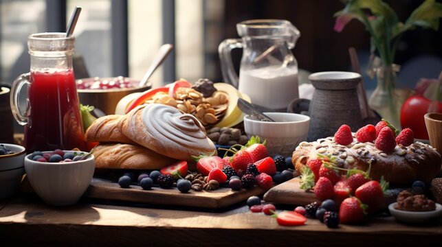 an image showcasing a scrumptious assortment of breakfast options in an artistic way, suitable for adding a warm and inviting touch to interior decor