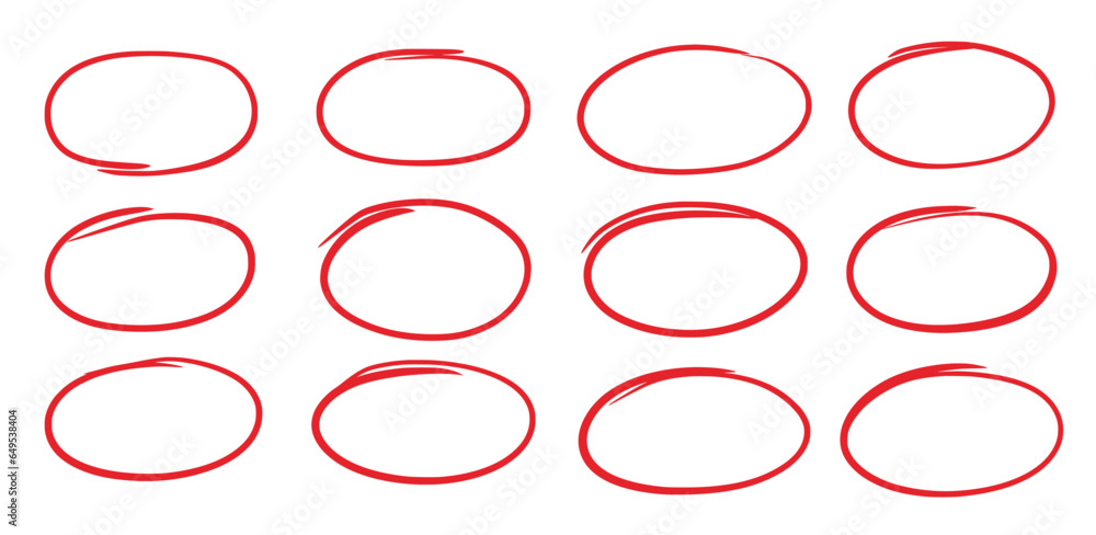 Leinwandbilder hand drawn red oval set. hand drawn doodle marker, pen stroke line highlight oval frame. scribble ro