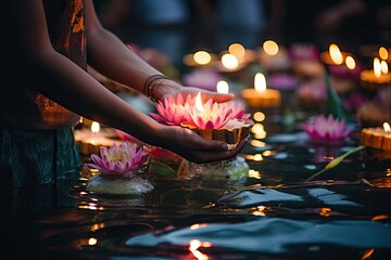 Loy Krathong festival in Thailand with crowd people and canal or river background.