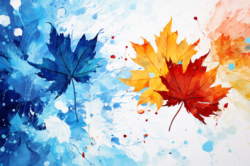 Artwork depicting colorful leaves with splatters on a white and blue background