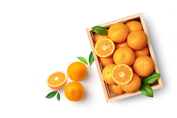 oranges and tangerines in wooden crate on white