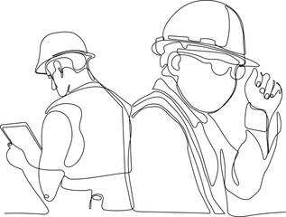 Vector landing page of architecture works with protective face masks for safety in machine industrial factory. Continuous one line drawing for your minimal design