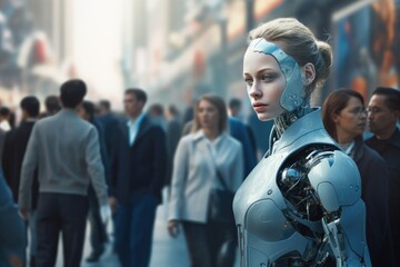 cyborg girl walking with people