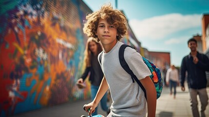 Fototapeta premium Portrait teenage on the street of city with light exposure AI Generative