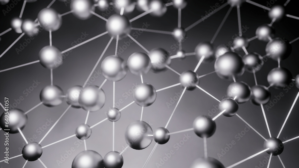 Poster a gray mesh of molecules. design. a white grid in cartoon animation that oscillates in different dir