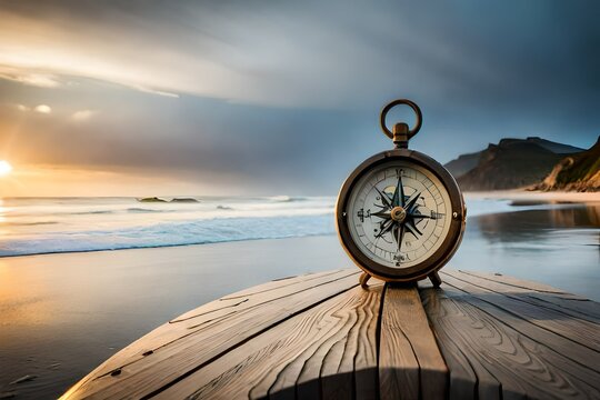 old compass on the sea, compass, ship compass, A weathered ship's compass, placed on a weathered dock piling, overlooking a tranquil beach where gentle waves meet the shore,
