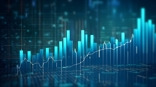 Financial background of stock and derivatives market, graphs, charts, columns, lines, numbers in blue color. Trend up and down. Financial market concept