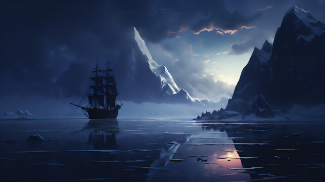 wood sailing ship in the north polar at night, colorful aurora, snow mountain, moon and stars, hyper realistic, dramatic light, create using generative AI tools