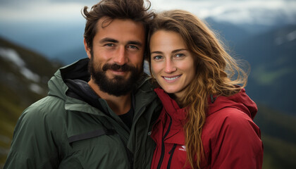 Young couple hiking in winter, embracing outdoors, smiling at camera generated by AI