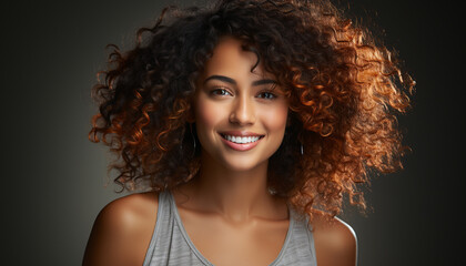 Young woman with curly hair smiling, looking at camera confidently generated by AI