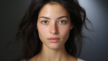 Naklejka premium Beautiful young woman with brown hair looking at camera generated by AI