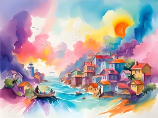 watercolor illustration of colorful city with the sea