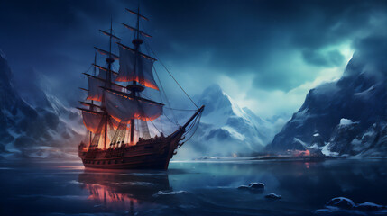 wood sailing ship in the north polar at night, colorful aurora, snow mountain, moon and stars, hyper realistic, dramatic light, create using generative AI tools - obrazy, fototapety, plakaty