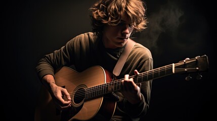 Obraz premium Portrait of a young musician playing a guitar AI Generative