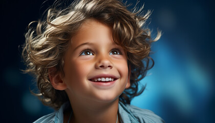 Smiling child, happiness, cute portrait, curly hair, looking at camera generated by AI
