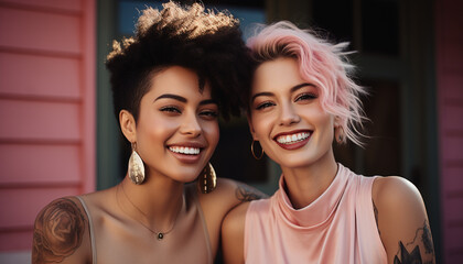 Two young women smiling, looking at camera, radiating happiness and friendship generated by AI