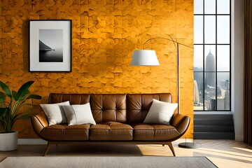 modern living room with sofa, brown sofa, luxury yellow wall, lamp, large window, luxury floor carpet, comfortable, furniture, living design, beautiful rooom,plant