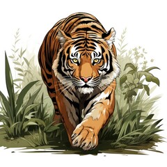 Fierce tiger stalks its prey in the jungle isolated on a white background