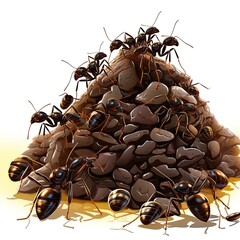 Busy ants work together to build their nest isolated on a white background