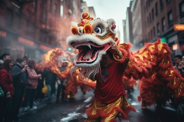 Generative ai of dragon dance among the crowds of the exciting Chinese New Year parade.