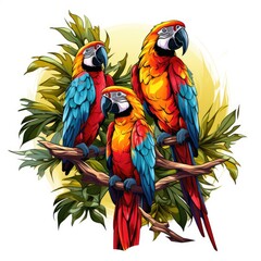 Obraz premium Colorful macaw perches on a tropical tree isolated on a white background