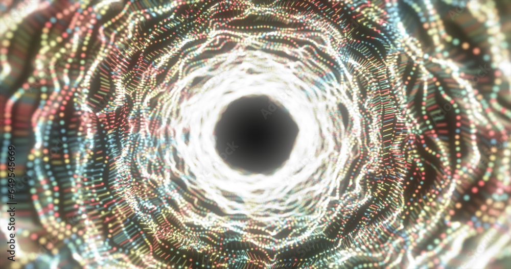 Poster abstract yellow energy tunnel made of particles and a grid of high-tech lines with a glowing backgro