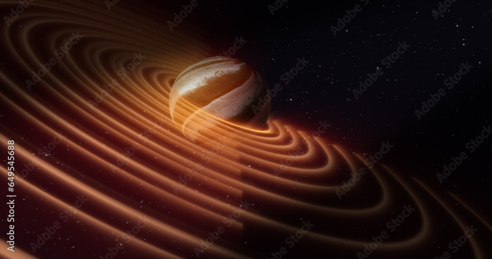 Poster abstract yellow brown space planet with a round asteroid belt ring futuristic hi-tech on the backgro