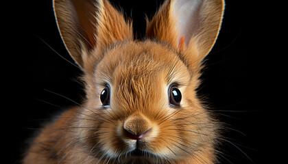 Cute fluffy rabbit sitting, looking at camera, on black generated by AI