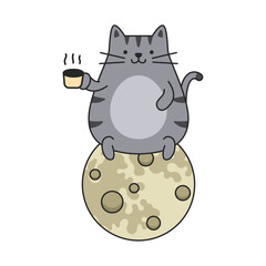 Cute cat sitting on the moon and drinking coffee. Vector illustration.