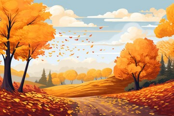 Autumn forest landscape background with fallen leaves and road. Vector style illustration. Generative Ai