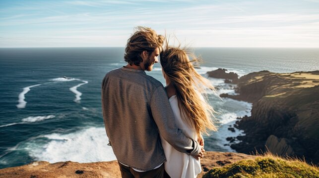 photo of a young couple in love standing on the edge of a cliff AI Generative