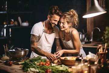 Naklejka premium Romantic couple at the kitchen with food preparing background.